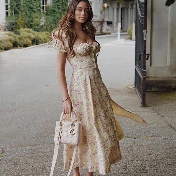 Floral dress puff sleeve summer flower slit long maxi cream gold women’s ruched - Picture 2 of 13